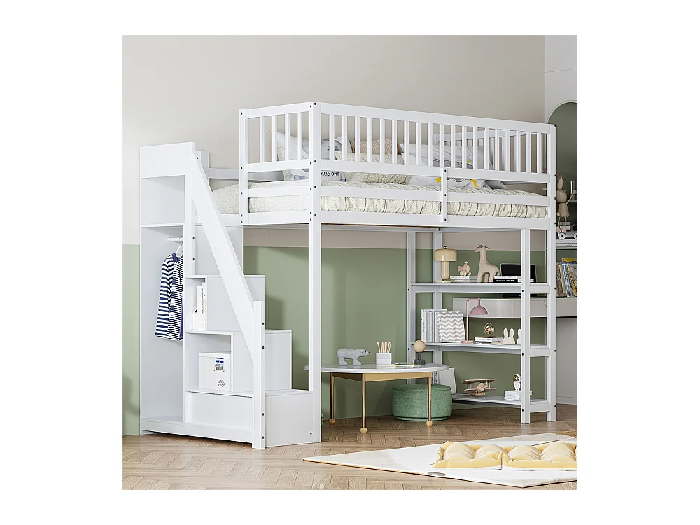 Lit jeune lit 90x200 cm lit superposé avec armoire et étagères lit simple pin blanc