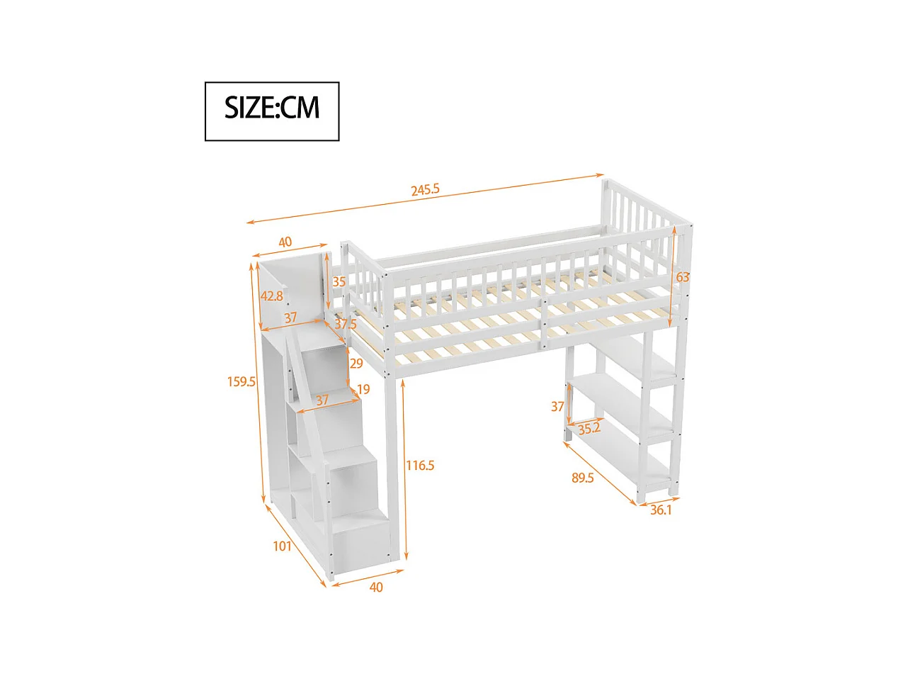 Lit jeune lit 90x200 cm lit superposé avec armoire et étagères lit simple pin blanc