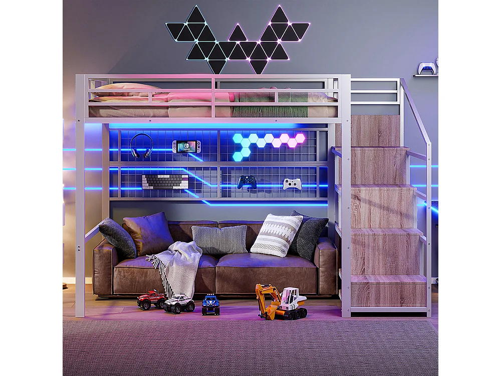 Lit mezzanine 140 x 200cm, avec armoire, échelle de rangement, grille pour suspendre des objets, éclairage led 7 couleurs, cadre en fer, blanc, sans matelas