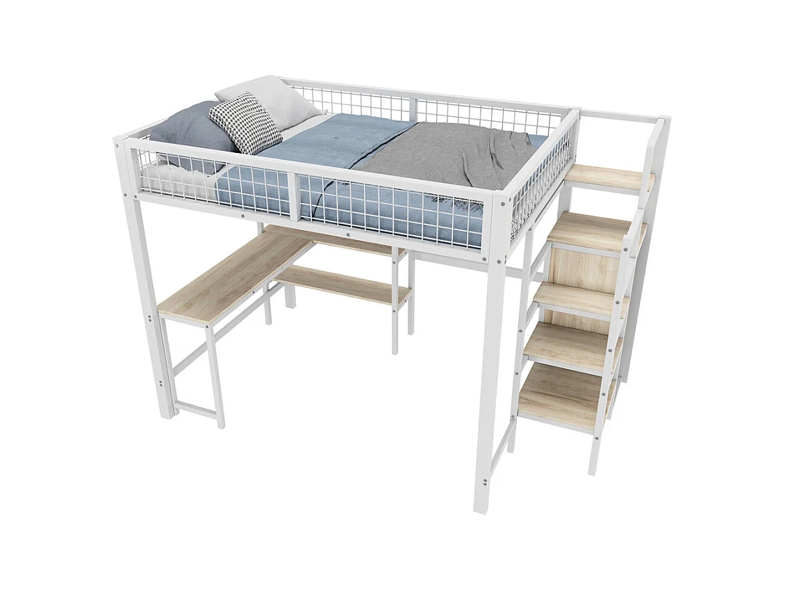 Lit jeune lit 140x200 cm lit en fer lit superposé avec armoire encastrée lit simple métal blanc