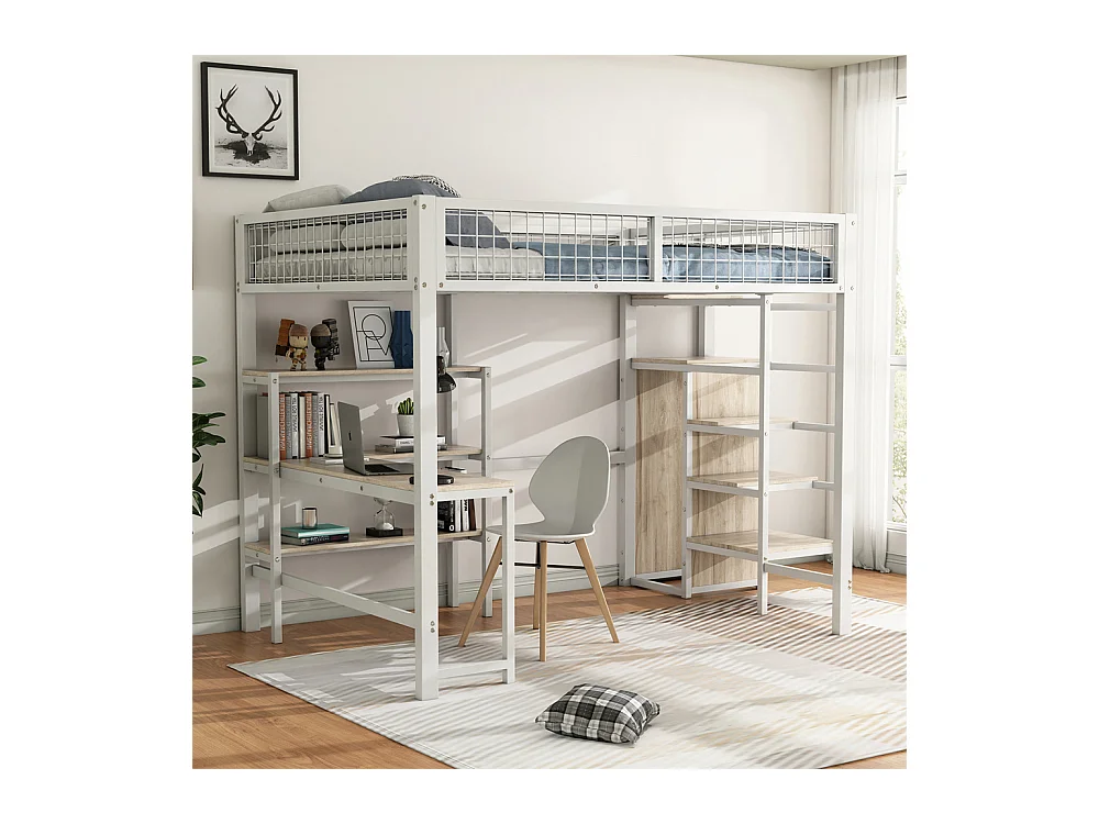 Lit jeune lit 140x200 cm lit en fer lit superposé avec armoire encastrée lit simple métal blanc