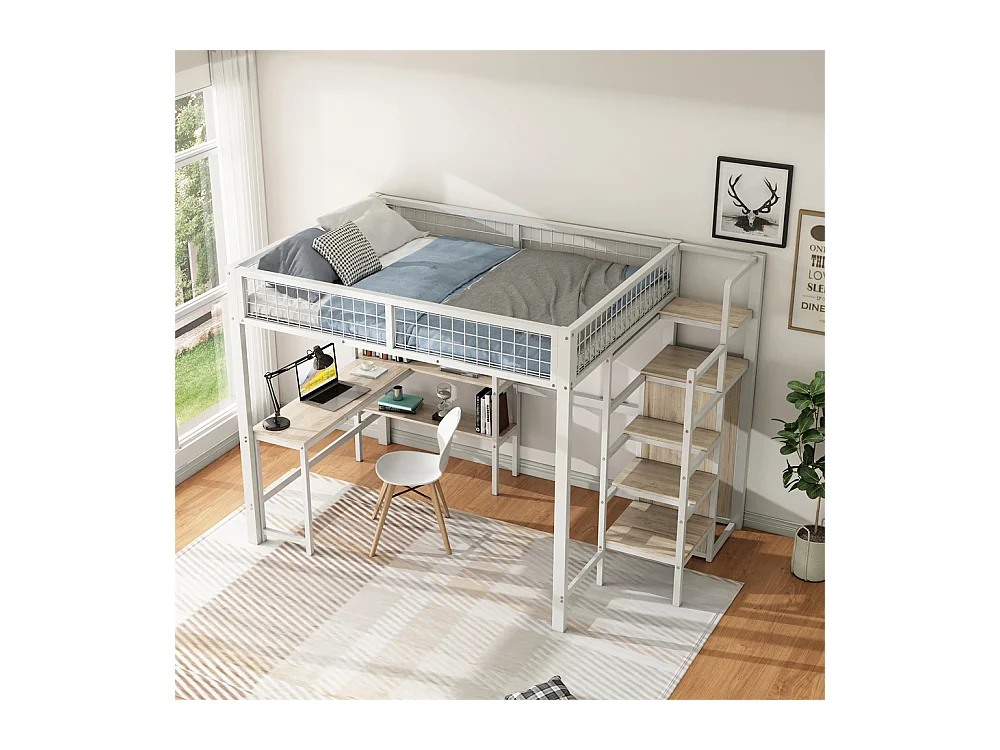 Lit jeune lit 140x200 cm lit en fer lit superposé avec armoire encastrée lit simple métal blanc