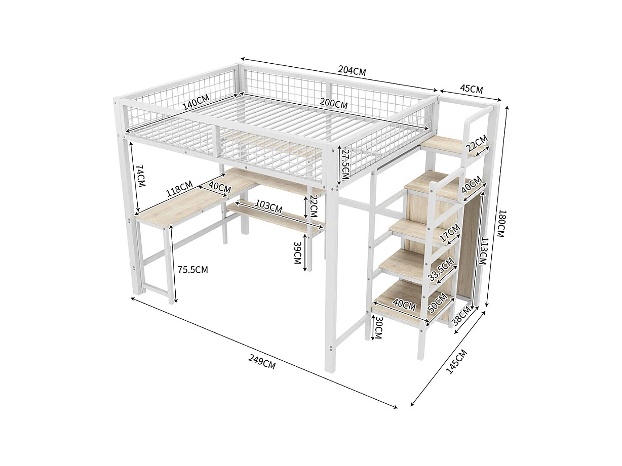 Lit jeune lit 140x200 cm lit en fer lit superposé avec armoire encastrée lit simple métal blanc