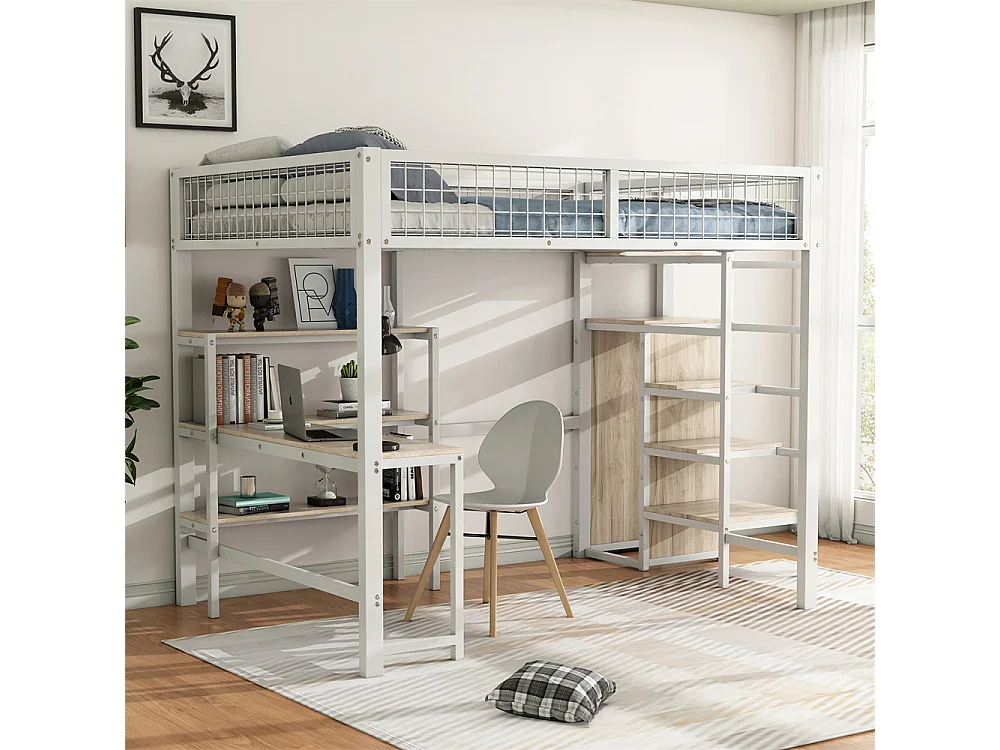 Lit jeune lit 140x200 cm lit en fer lit superposé avec armoire encastrée lit simple métal blanc