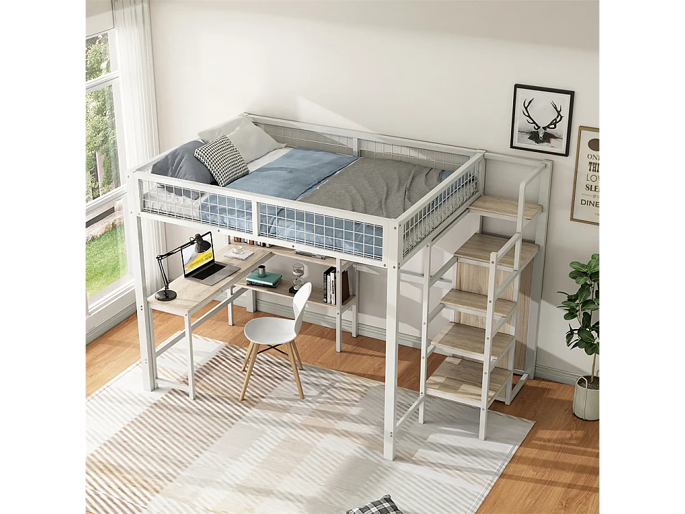 Lit jeune lit 140x200 cm lit en fer lit superposé avec armoire encastrée lit simple métal blanc