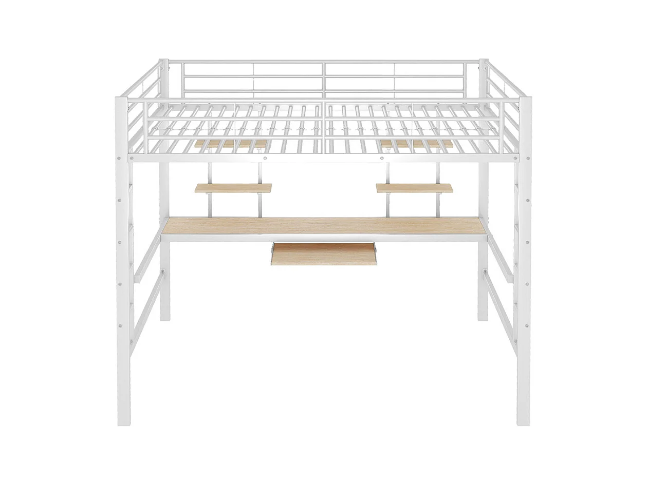 Lit jeune lit 140x200 cm lit en métal lit en fer lit superposé avec bureau et deux bibliothèques lit simple métal blanc
