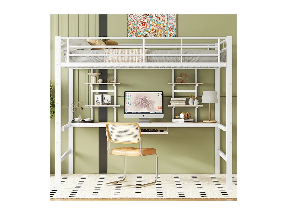 Lit jeune lit 140x200 cm lit en métal lit en fer lit superposé avec bureau et deux bibliothèques lit simple métal blanc