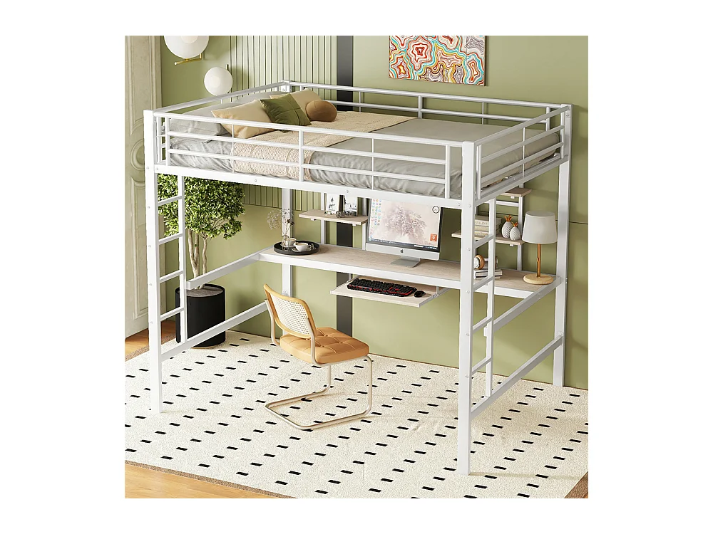 Lit jeune lit 140x200 cm lit en métal lit en fer lit superposé avec bureau et deux bibliothèques lit simple métal blanc