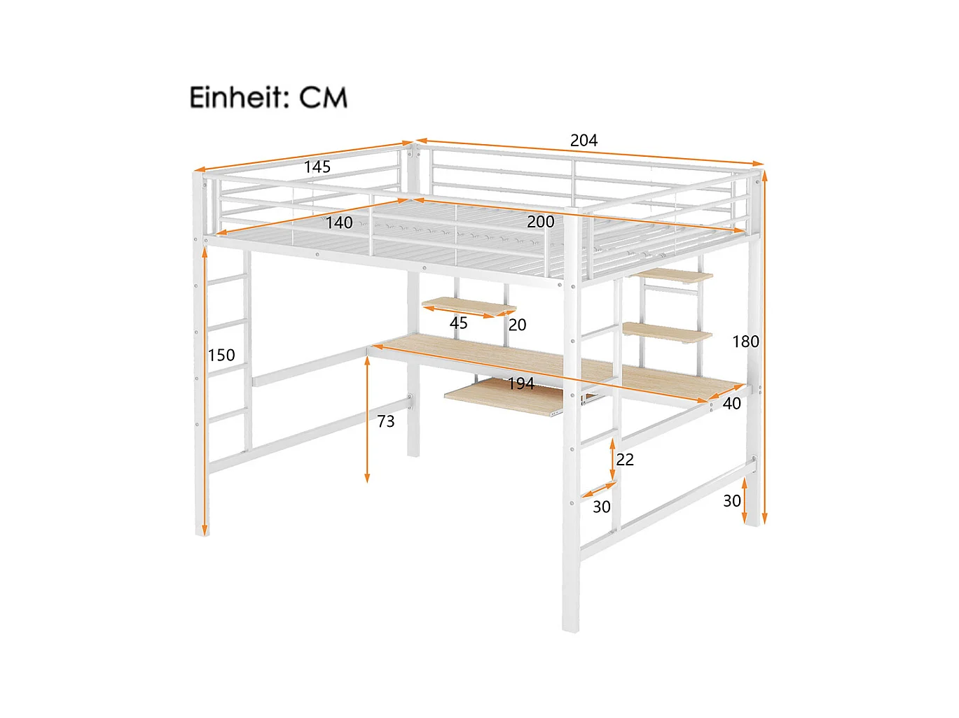 Lit jeune lit 140x200 cm lit en métal lit en fer lit superposé avec bureau et deux bibliothèques lit simple métal blanc