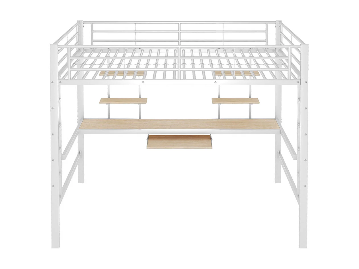 Lit jeune lit 140x200 cm lit en métal lit en fer lit superposé avec bureau et deux bibliothèques lit simple métal blanc