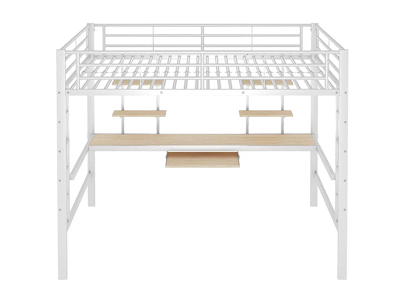 Lit jeune lit 140x200 cm lit en métal lit en fer lit superposé avec bureau et deux bibliothèques lit simple métal blanc