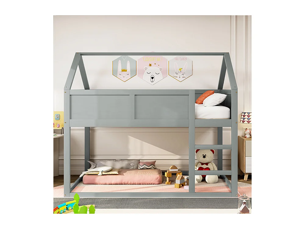 Lit jeune lit 90x200 cm lit simple lit avec escaliers lit surélevé lit cadre en bois massif gris