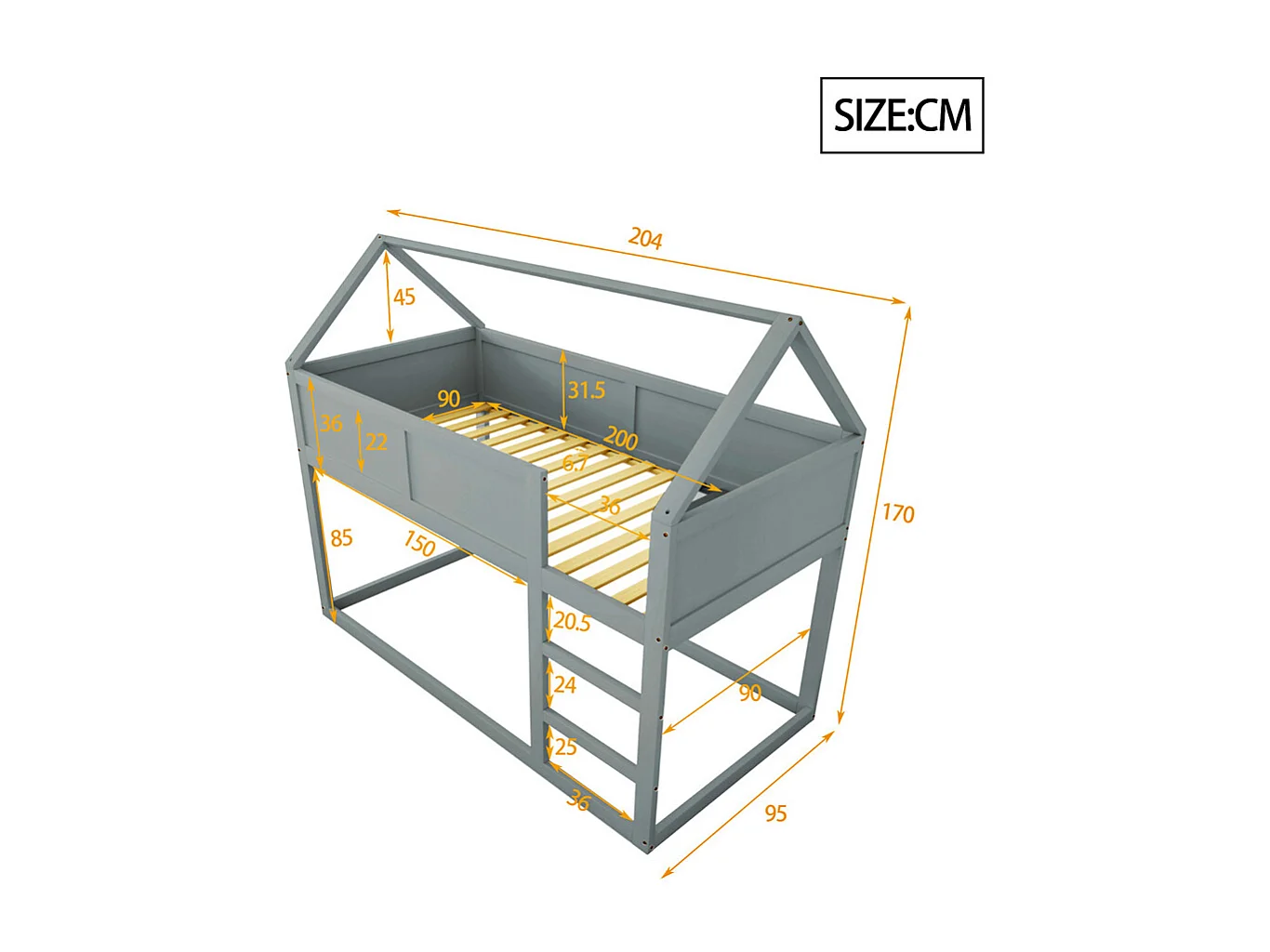 Lit jeune lit 90x200 cm lit simple lit avec escaliers lit surélevé lit cadre en bois massif gris