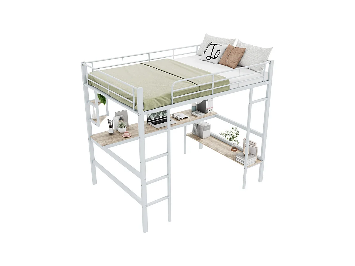 Lit jeune lit 140x200 cm avec 1 bibliothèque lit en fer avec bureau lit simple avec quatre petites étagères métal blanc