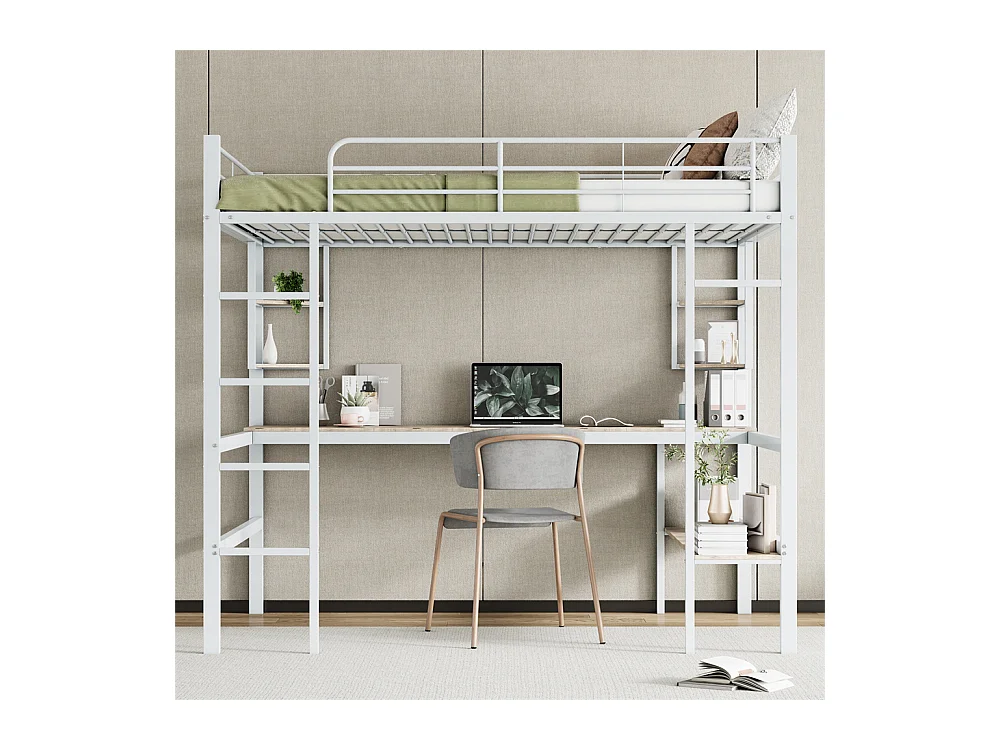 Lit jeune lit 140x200 cm avec 1 bibliothèque lit en fer avec bureau lit simple avec quatre petites étagères métal blanc