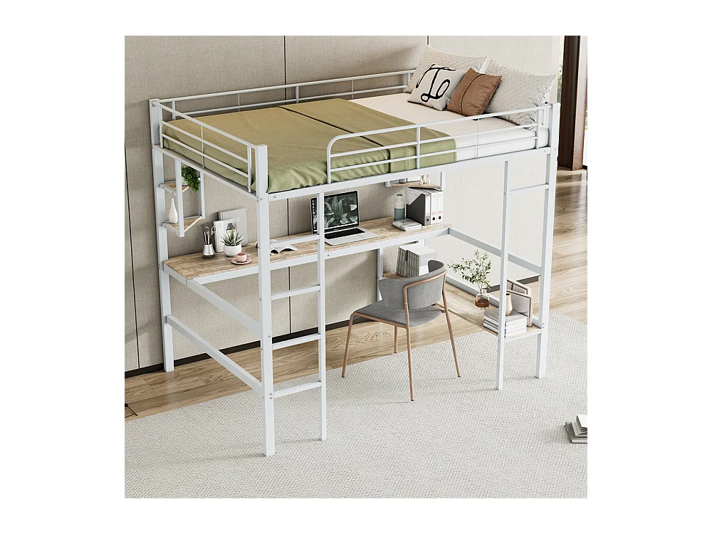 Lit jeune lit 140x200 cm avec 1 bibliothèque lit en fer avec bureau lit simple avec quatre petites étagères métal blanc