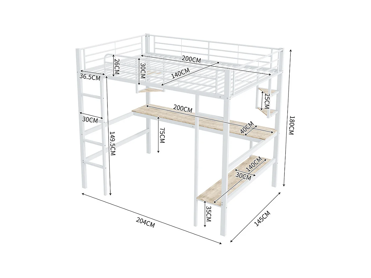 Lit jeune lit 140x200 cm avec 1 bibliothèque lit en fer avec bureau lit simple avec quatre petites étagères métal blanc