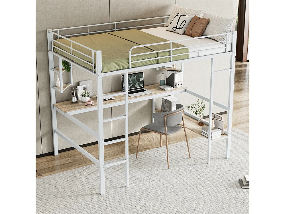 Lit jeune lit 140x200 cm avec 1 bibliothèque lit en fer avec bureau lit simple avec quatre petites étagères métal blanc