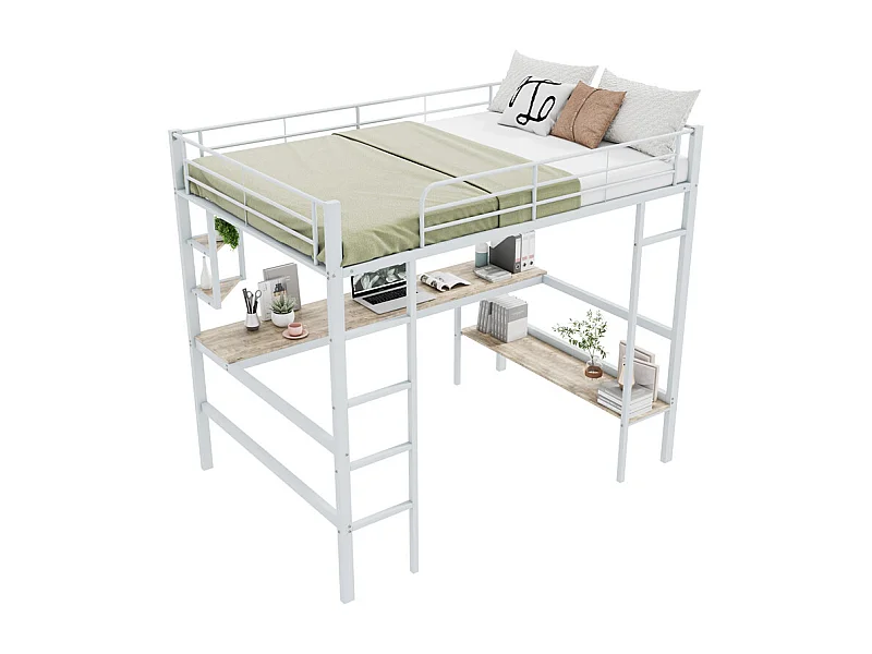 Lit jeune lit 140x200 cm avec 1 bibliothèque lit en fer avec bureau lit simple avec quatre petites étagères métal blanc