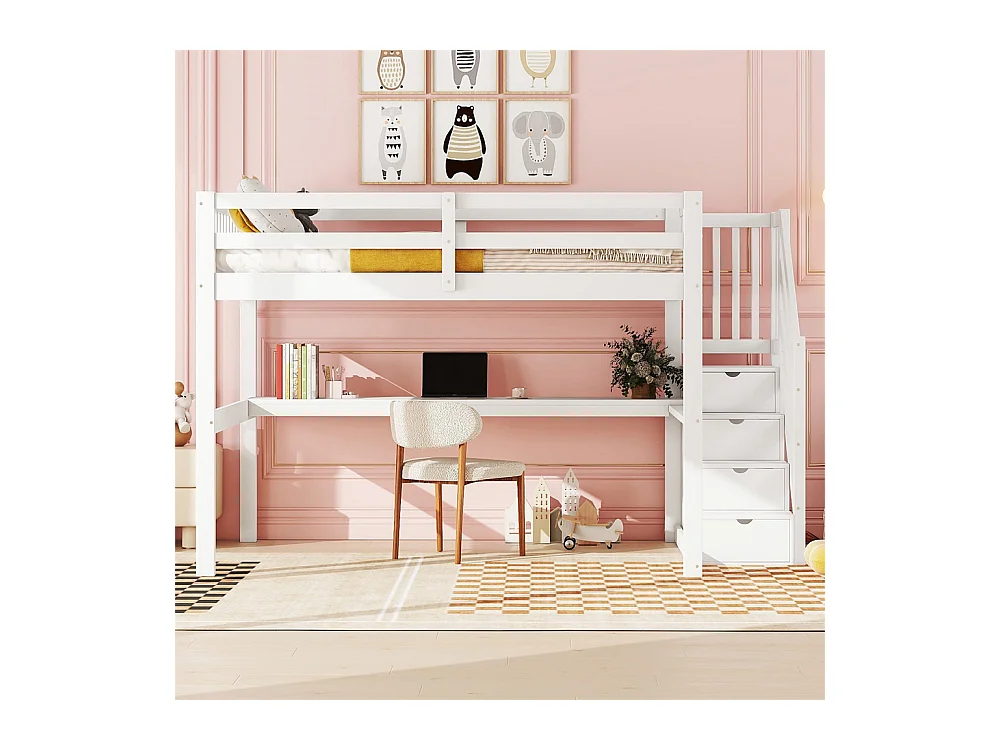 Lit mezzanine 140x200cm, lit enfant avec tiroirs de rangement et bureau sous le lit, pin, blanc