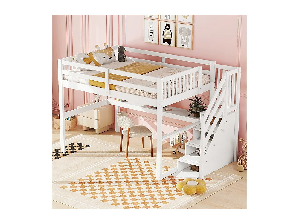 Lit mezzanine 140x200cm, lit enfant avec tiroirs de rangement et bureau sous le lit, pin, blanc