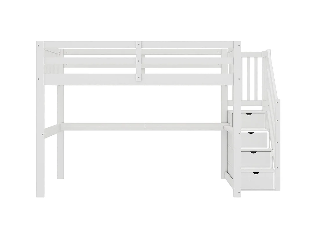 Lit mezzanine 140x200cm, lit enfant avec tiroirs de rangement et bureau sous le lit, pin, blanc