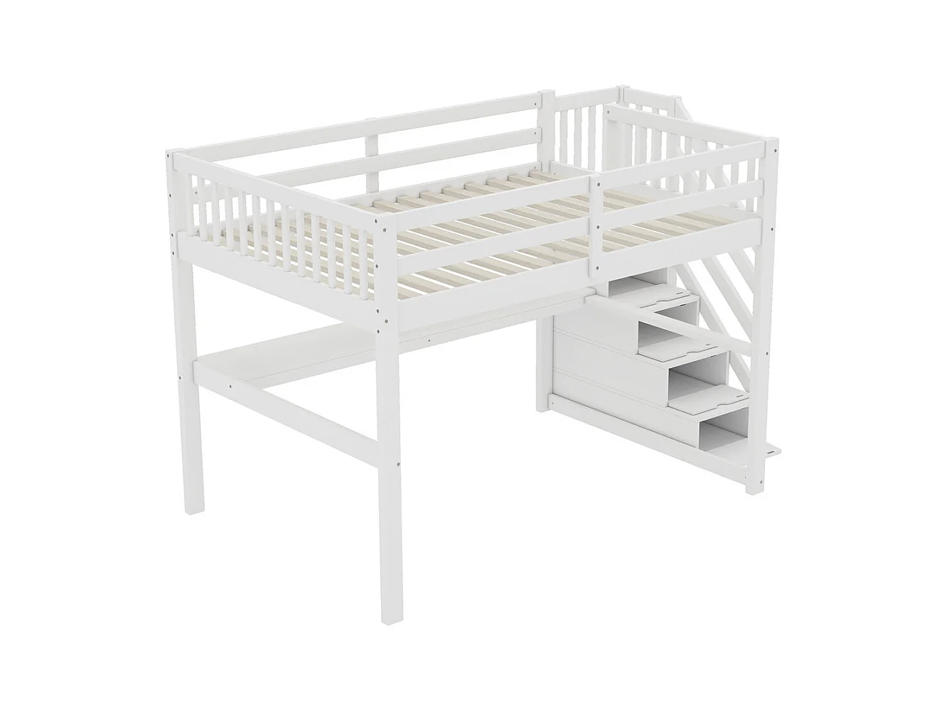 Lit mezzanine 140x200cm, lit enfant avec tiroirs de rangement et bureau sous le lit, pin, blanc