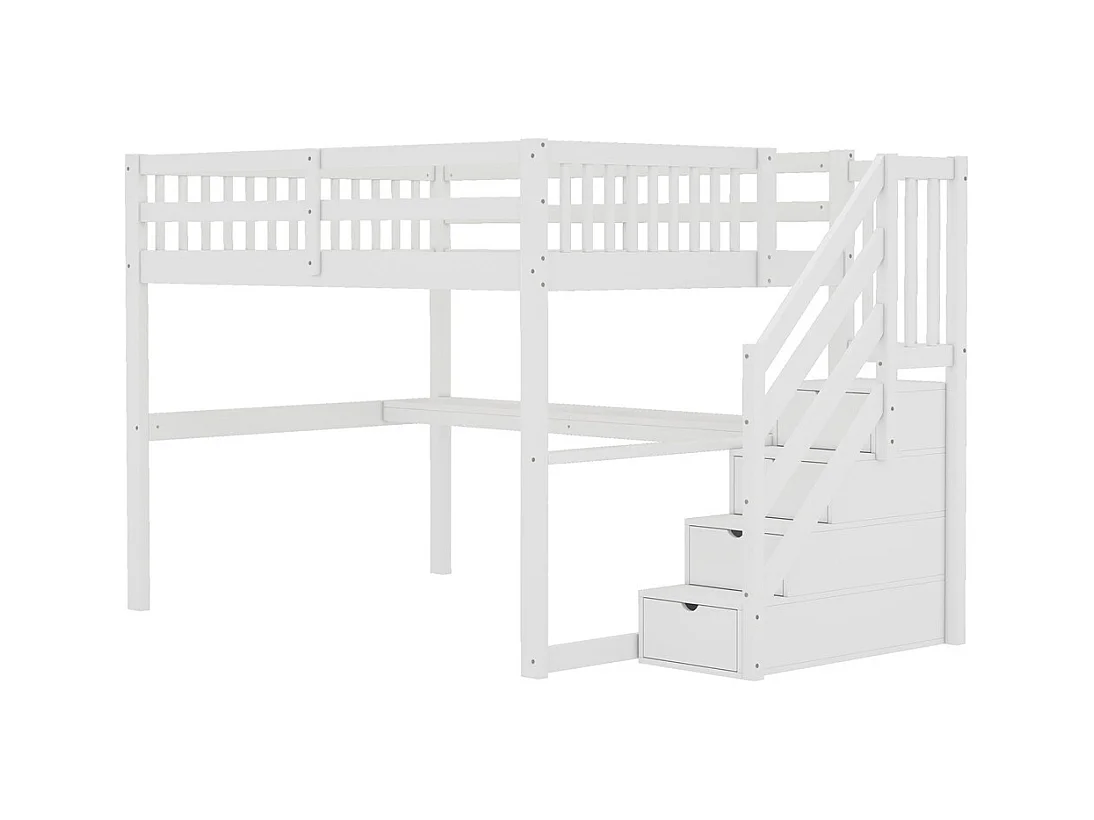 Lit mezzanine 140x200cm, lit enfant avec tiroirs de rangement et bureau sous le lit, pin, blanc