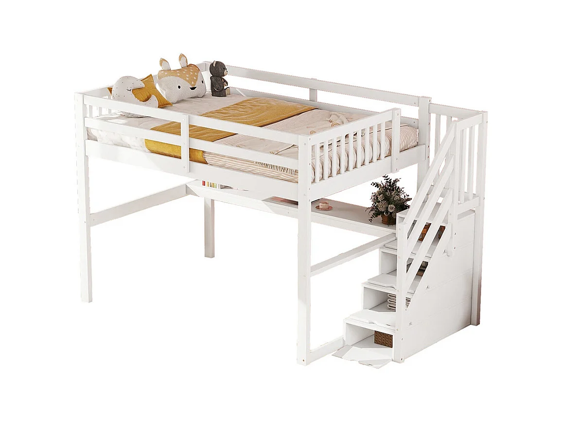 Lit mezzanine 140x200cm, lit enfant avec tiroirs de rangement et bureau sous le lit, pin, blanc