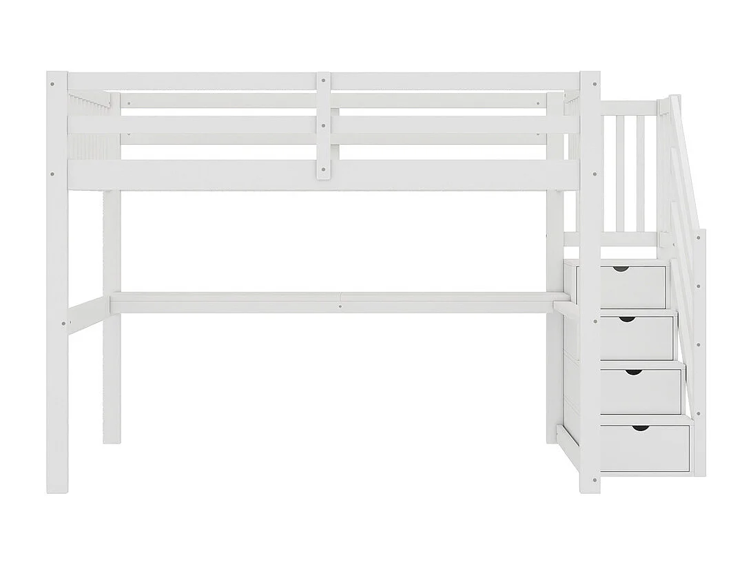 Lit mezzanine 140x200cm, lit enfant avec tiroirs de rangement et bureau sous le lit, pin, blanc