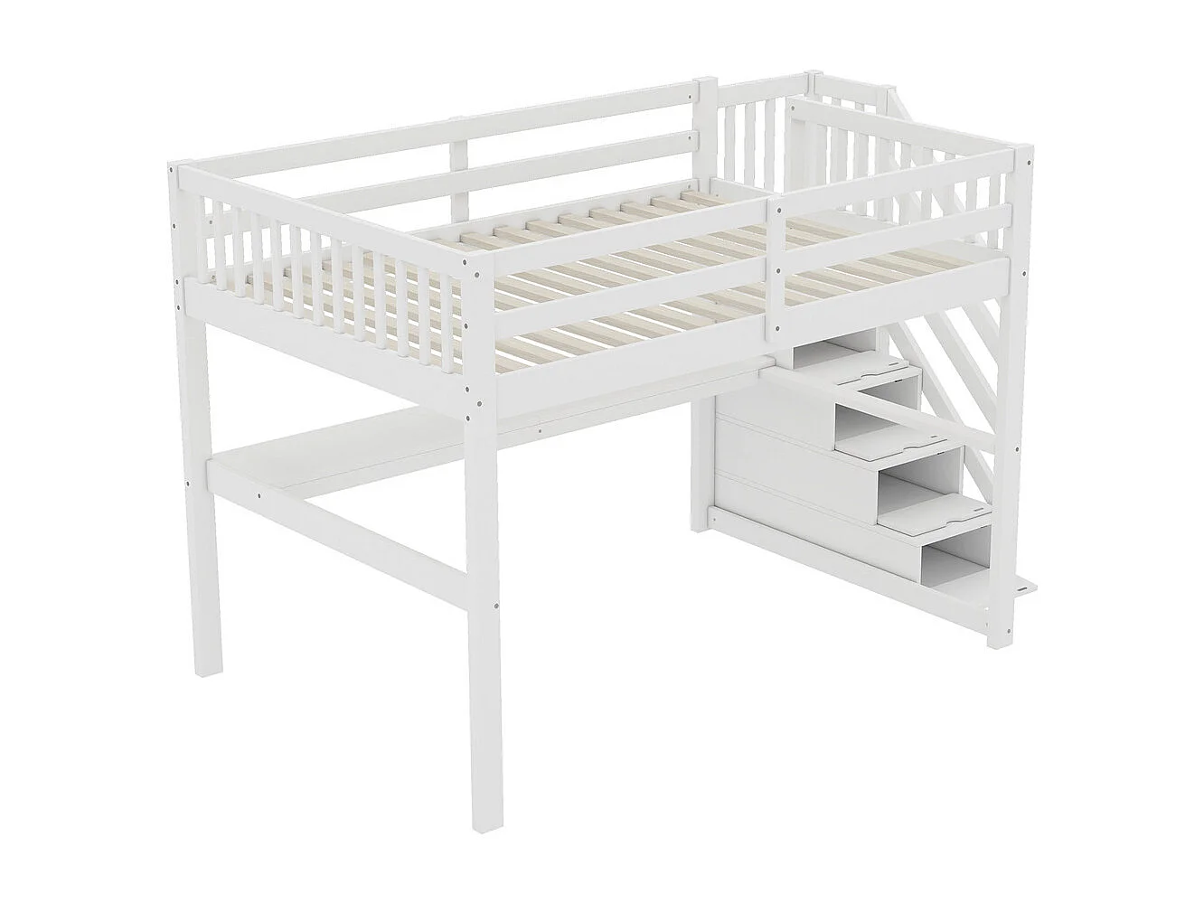 Lit mezzanine 140x200cm, lit enfant avec tiroirs de rangement et bureau sous le lit, pin, blanc