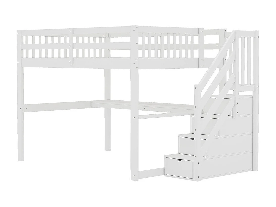 Lit mezzanine 140x200cm, lit enfant avec tiroirs de rangement et bureau sous le lit, pin, blanc