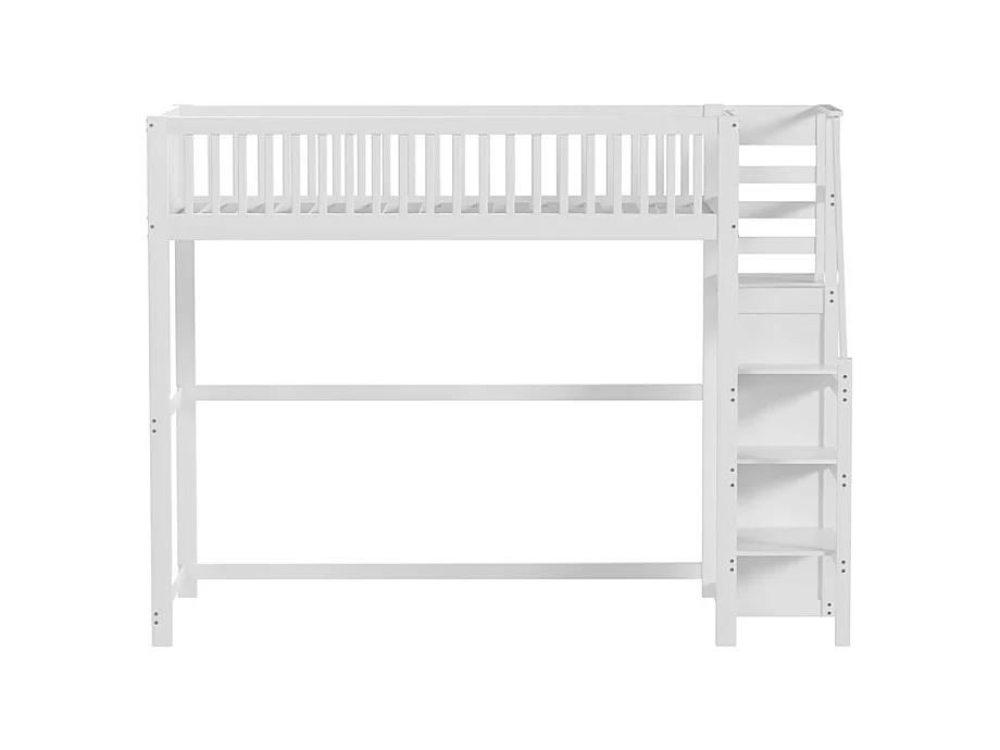 Lit jeune lit 90x200 cm lit superposé avec escalier et étagère de rangement lit simple bois massif blanc