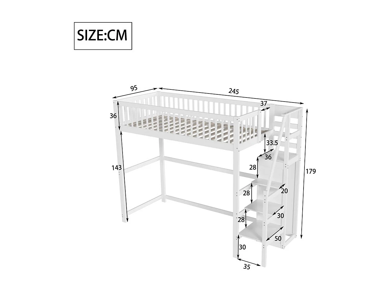 Lit jeune lit 90x200 cm lit superposé avec escalier et étagère de rangement lit simple bois massif blanc