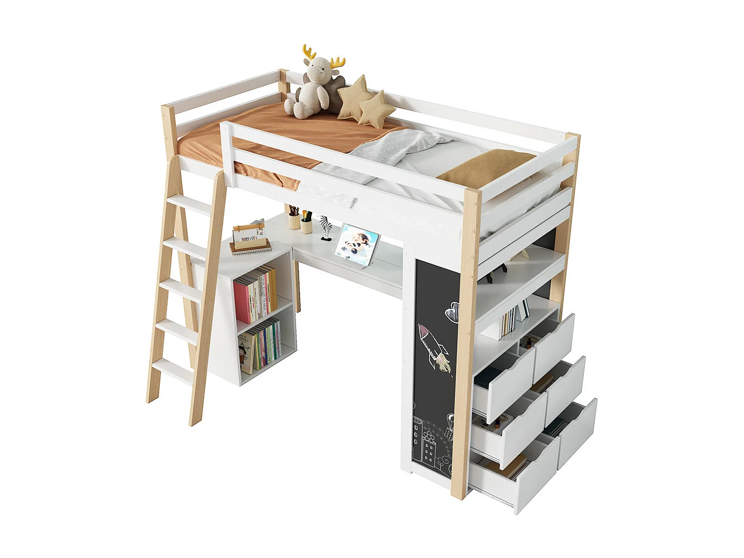 Lit jeune lit 90×200cm lit surélevé avec échelle, bureau, compartiment de rangement, tiroir, tableau et étagère bois massif+mdf blanc + naturel