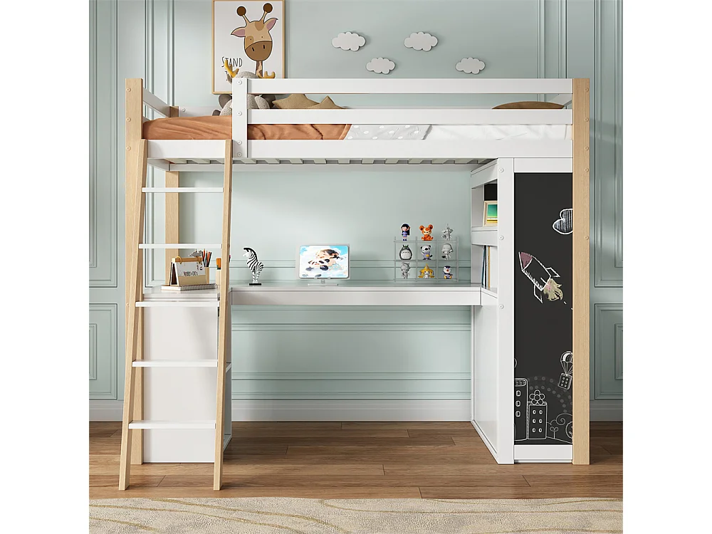 Lit jeune lit 90×200cm lit surélevé avec échelle, bureau, compartiment de rangement, tiroir, tableau et étagère bois massif+mdf blanc + naturel