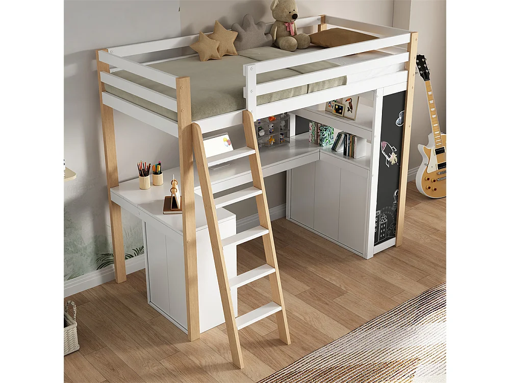 Lit jeune lit 90×200cm lit surélevé avec échelle, bureau, compartiment de rangement, tiroir, tableau et étagère bois massif+mdf blanc + naturel