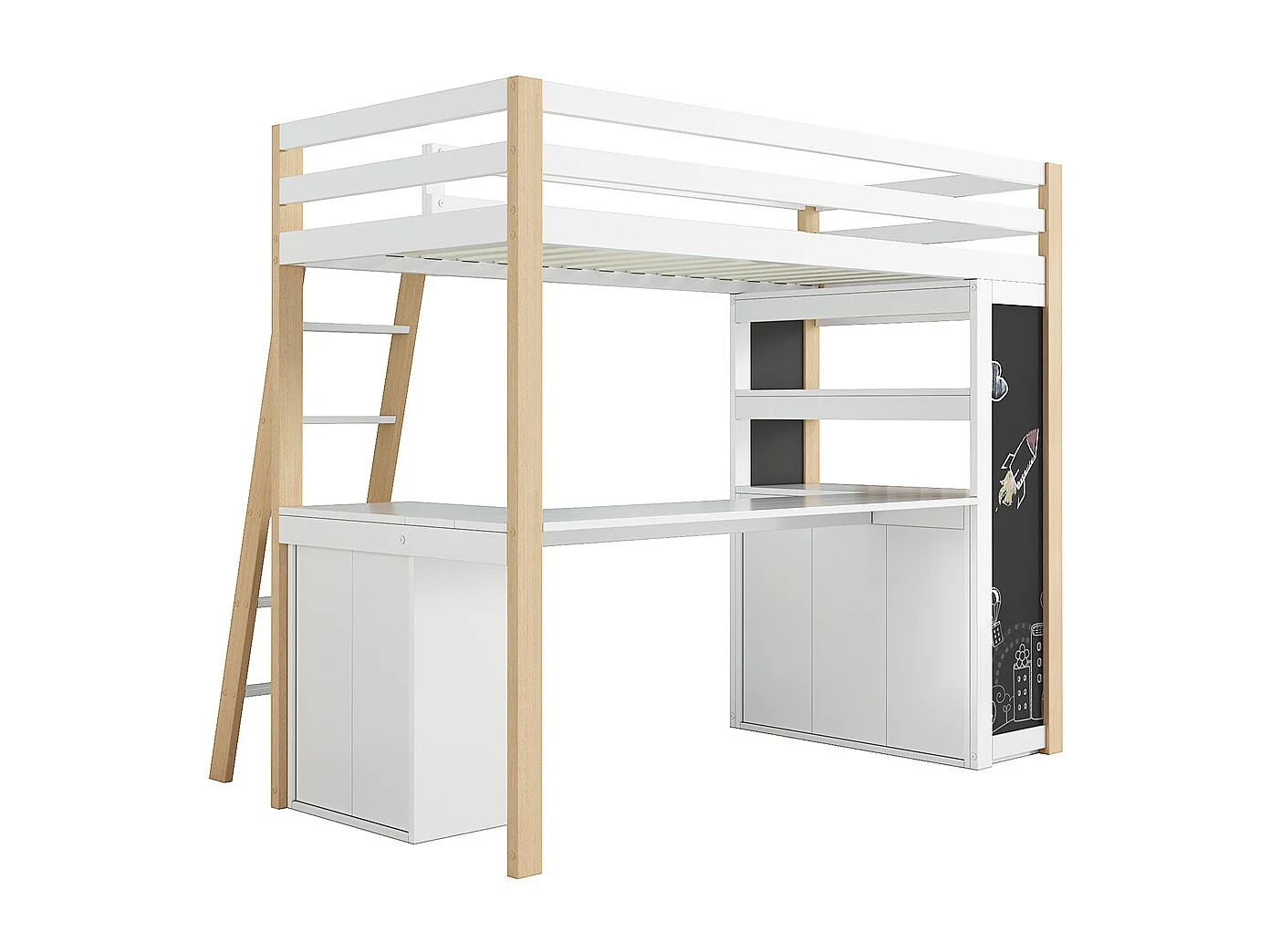 Lit jeune lit 90×200cm lit surélevé avec échelle, bureau, compartiment de rangement, tiroir, tableau et étagère bois massif+mdf blanc + naturel