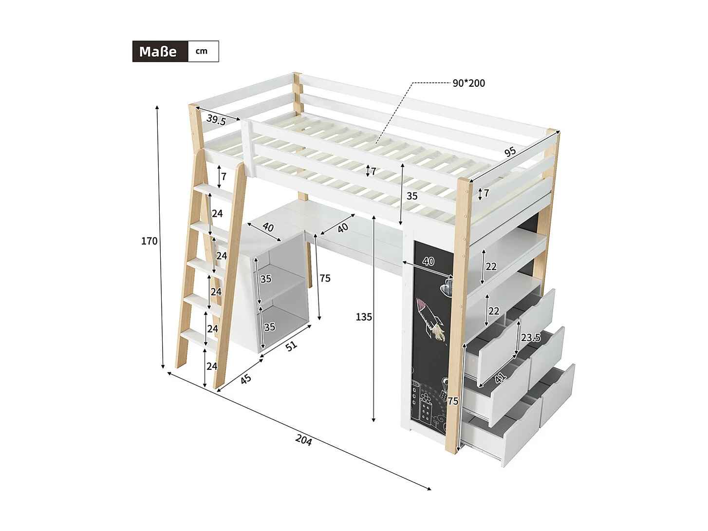 Lit jeune lit 90×200cm lit surélevé avec échelle, bureau, compartiment de rangement, tiroir, tableau et étagère bois massif+mdf blanc + naturel