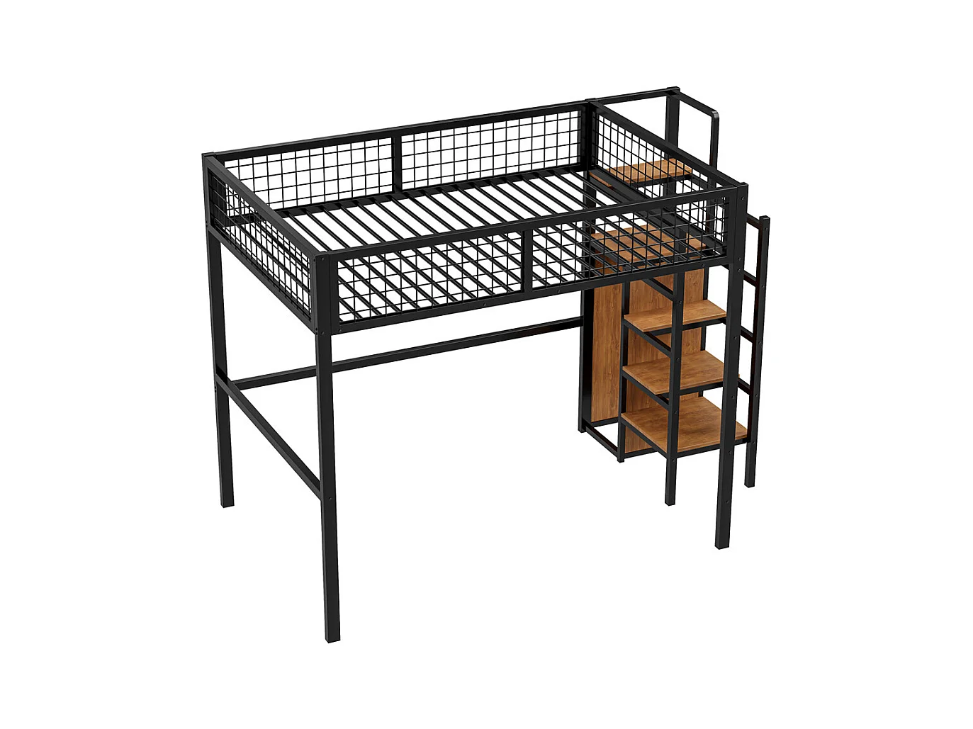 Lit mezzanine 140x200cm, lit enfant avec échelle, structure en fer et étagère de rangement, métal, noir