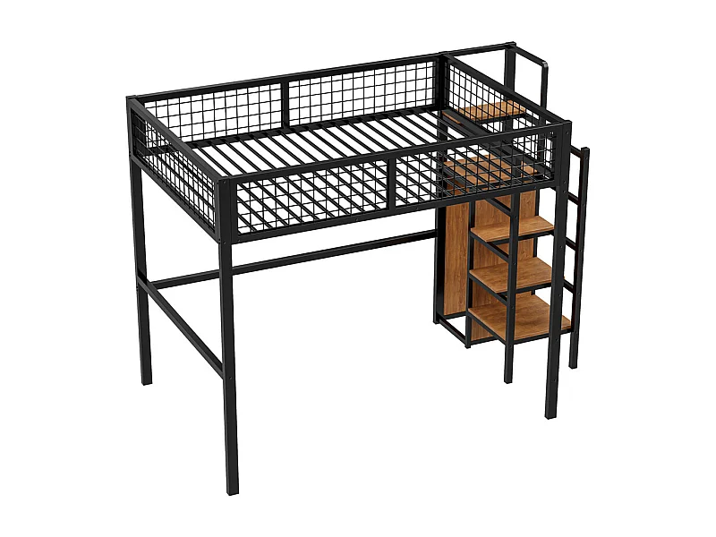 Lit mezzanine 140x200cm, lit enfant avec échelle, structure en fer et étagère de rangement, métal, noir