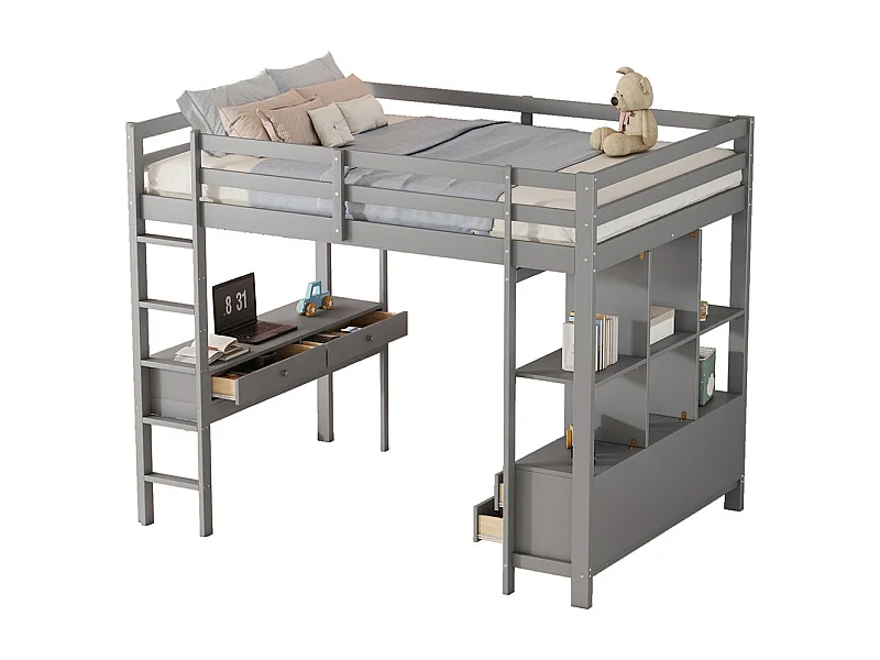 Lit mezzanine enfant 140x200cm avec tiroirs de rangement et bureau sous le lit, sans matelas, gris
