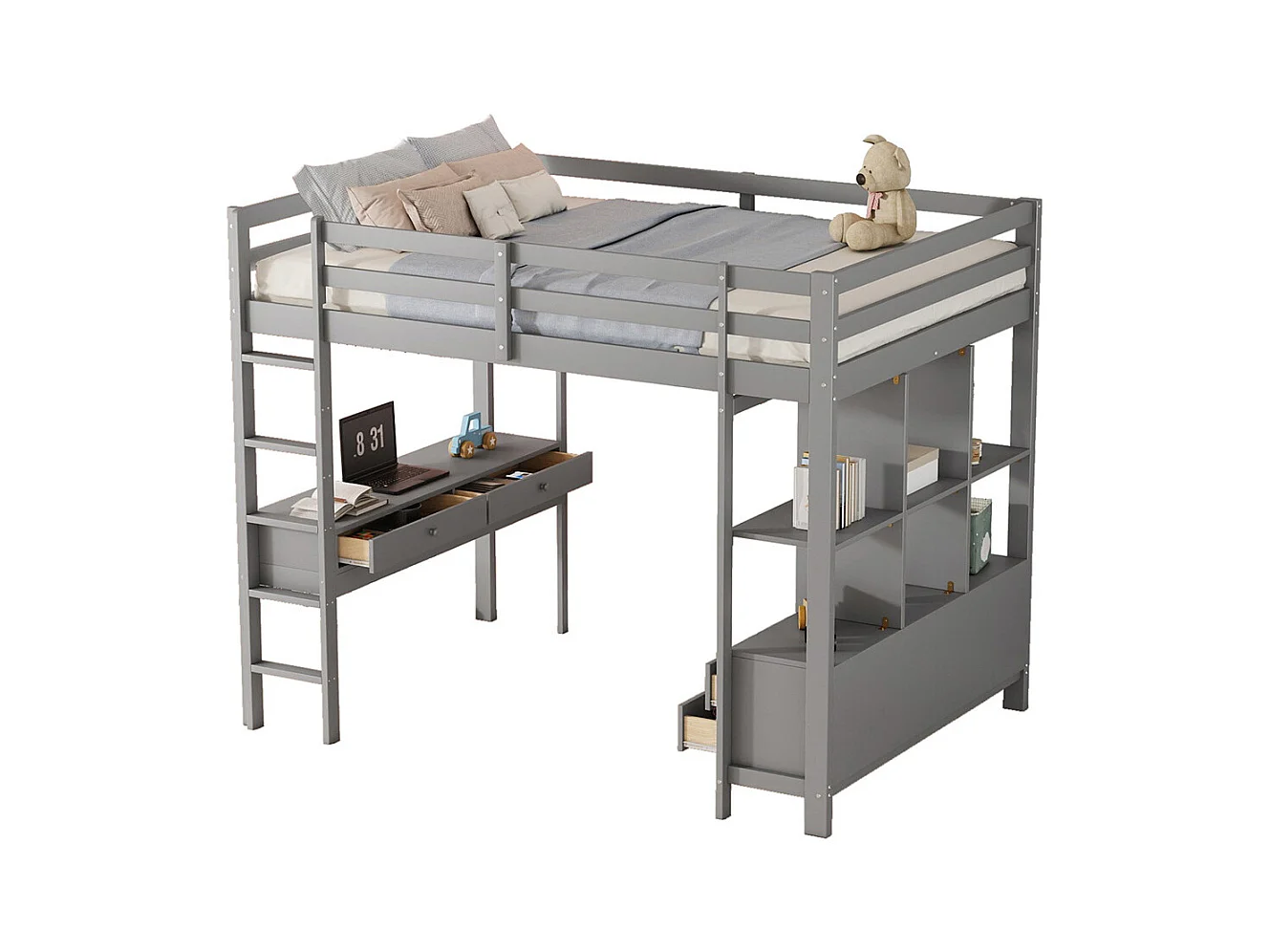 Lit mezzanine enfant 140x200cm avec tiroirs de rangement et bureau sous le lit, sans matelas, gris