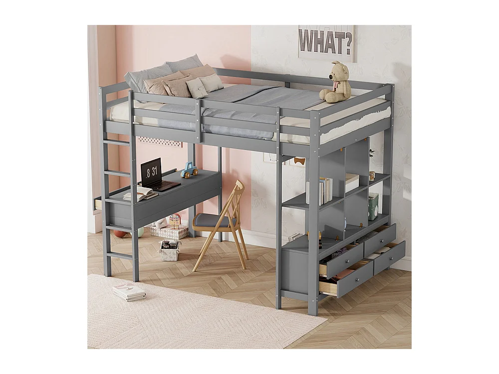 Lit mezzanine enfant 140x200cm avec tiroirs de rangement et bureau sous le lit, sans matelas, gris