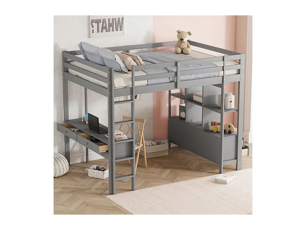 Lit mezzanine enfant 140x200cm avec tiroirs de rangement et bureau sous le lit, sans matelas, gris