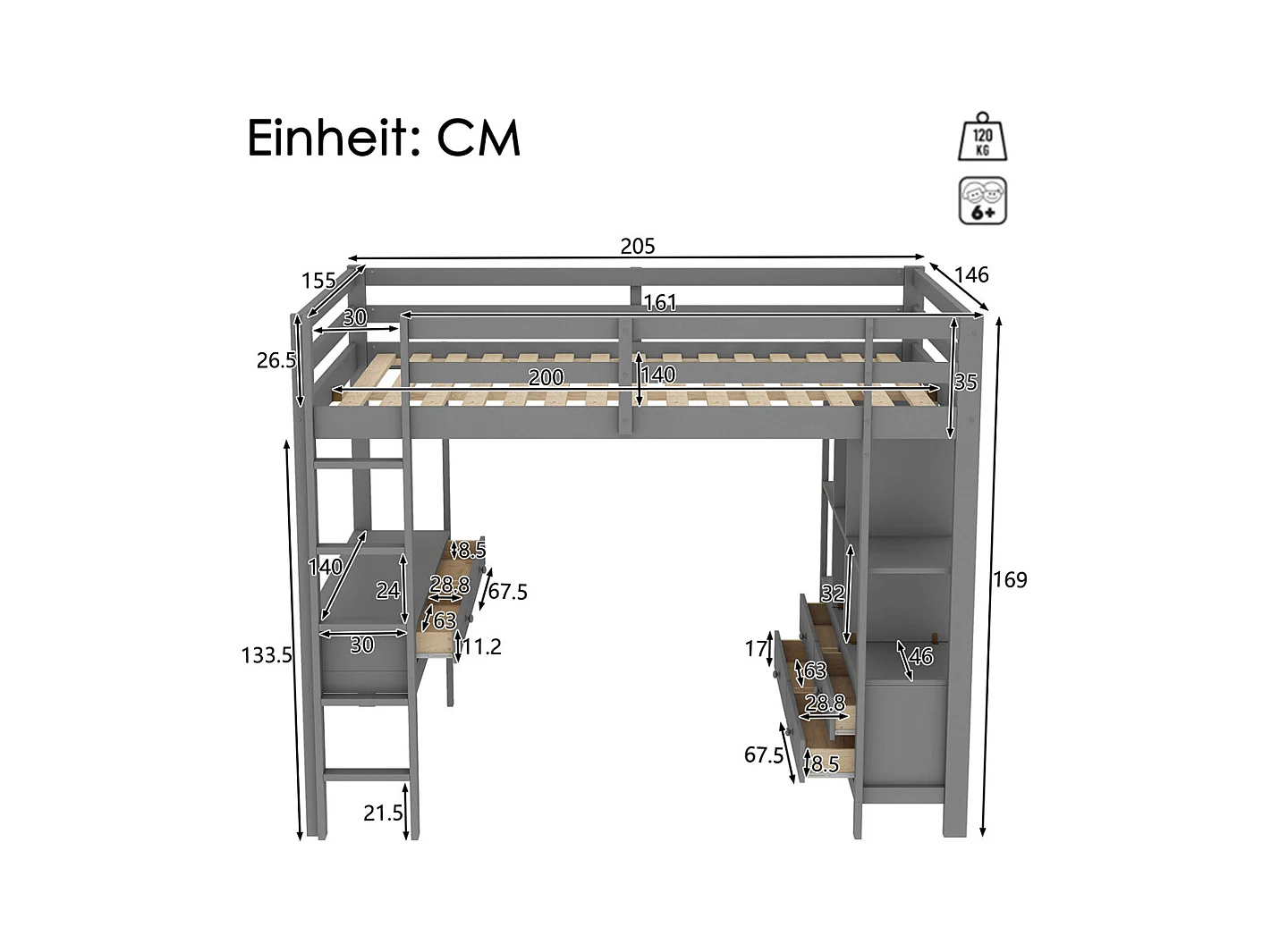 Lit mezzanine enfant 140x200cm avec tiroirs de rangement et bureau sous le lit, sans matelas, gris