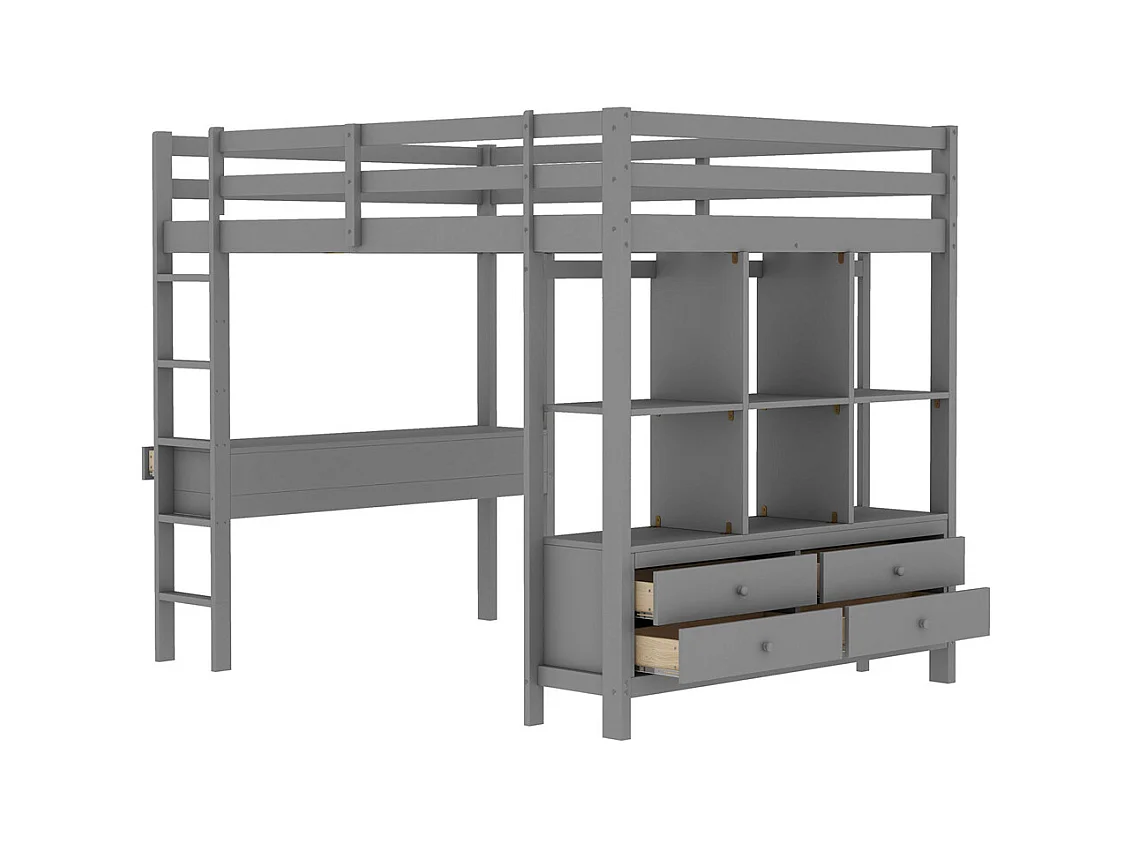 Lit mezzanine enfant 140x200cm avec tiroirs de rangement et bureau sous le lit, sans matelas, gris