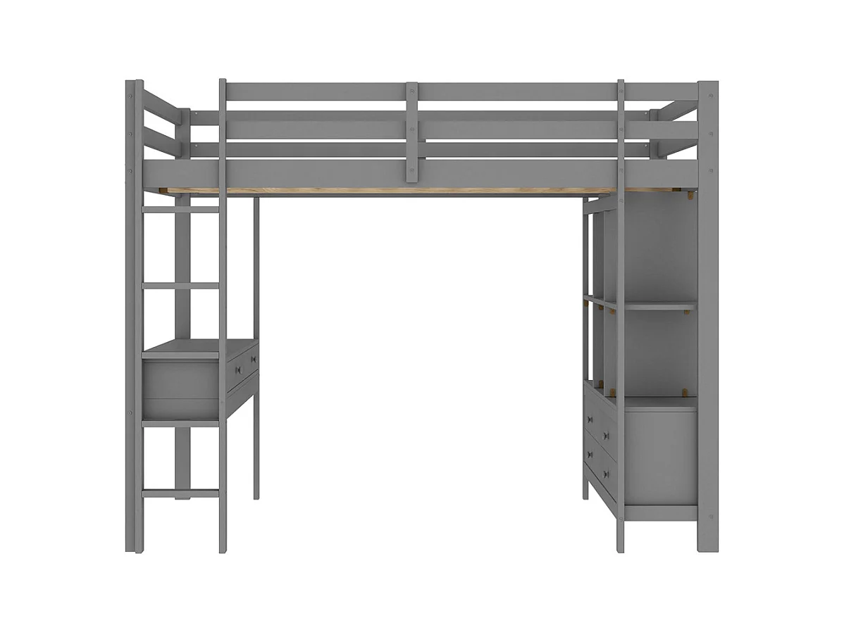 Lit mezzanine enfant 140x200cm avec tiroirs de rangement et bureau sous le lit, sans matelas, gris