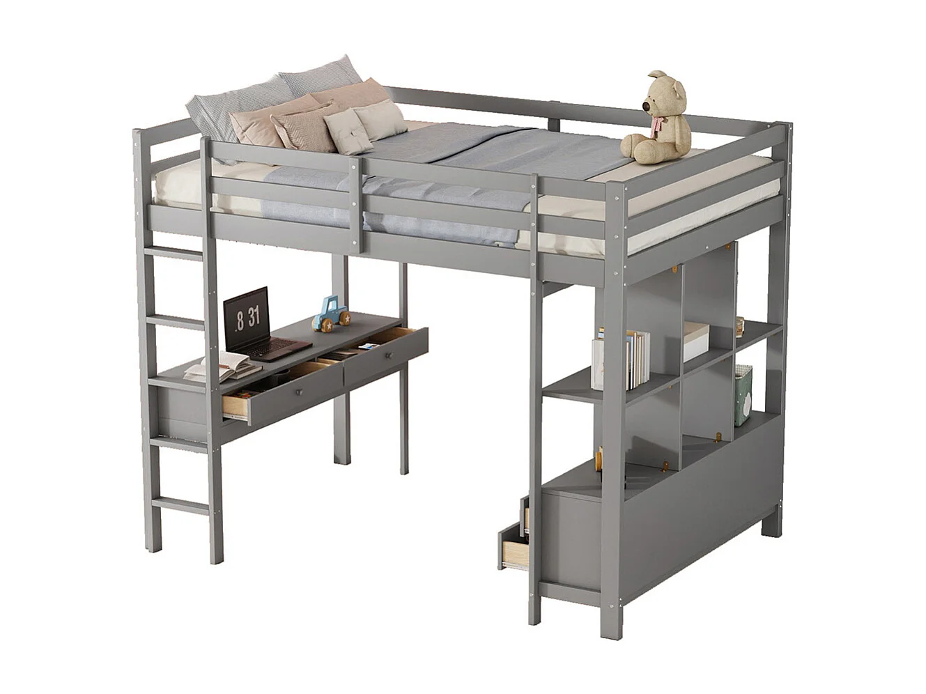 Lit mezzanine enfant 140x200cm avec tiroirs de rangement et bureau sous le lit, sans matelas, gris