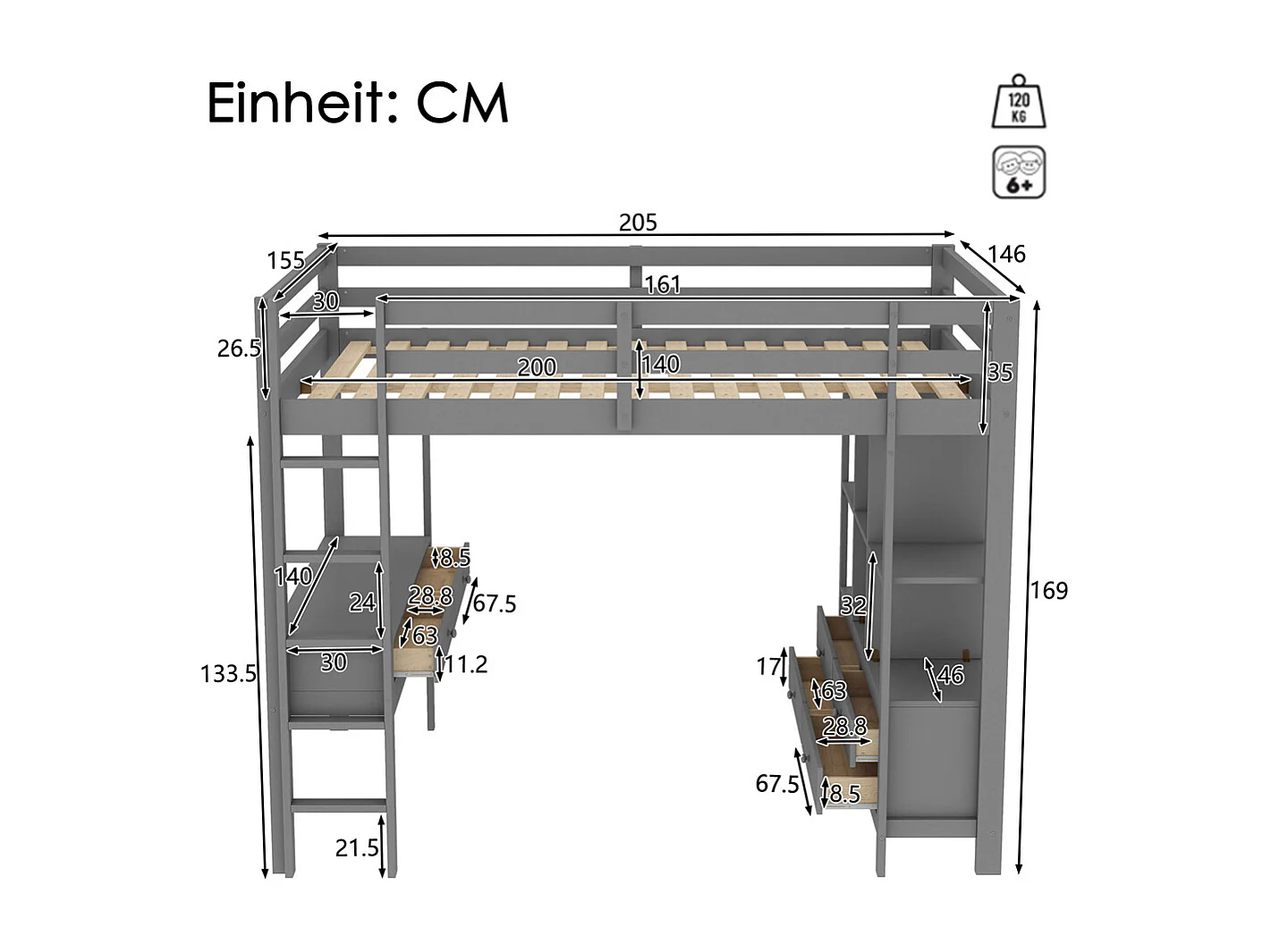 Lit mezzanine enfant 140x200cm avec tiroirs de rangement et bureau sous le lit, sans matelas, gris